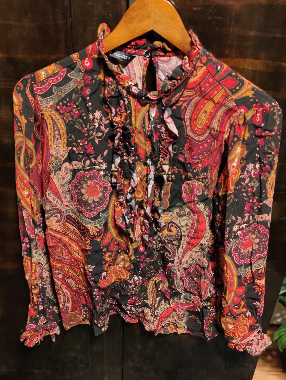Zara Paisley Print Long-Sleeve Blouse with Ruffled Collar and Sleeves